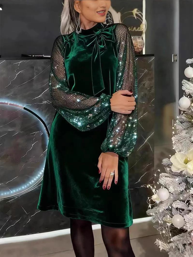 

Роскошное платье с пайетками, с рукавами-фонариками, свободного кроя, повседневное, с длинными рукавами, короткое, А-силуэт, вечернее