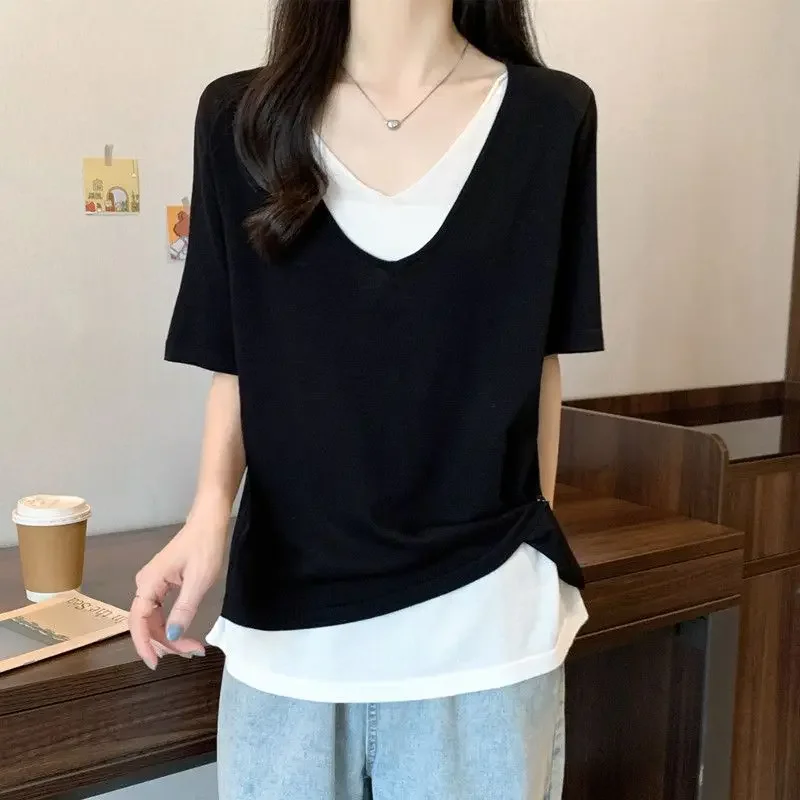 Camisetas informales holgadas y elegantes para mujer, jerséis de moda de Color sólido con retazos de manga corta y cuello en V, ropa para mujer JJ352