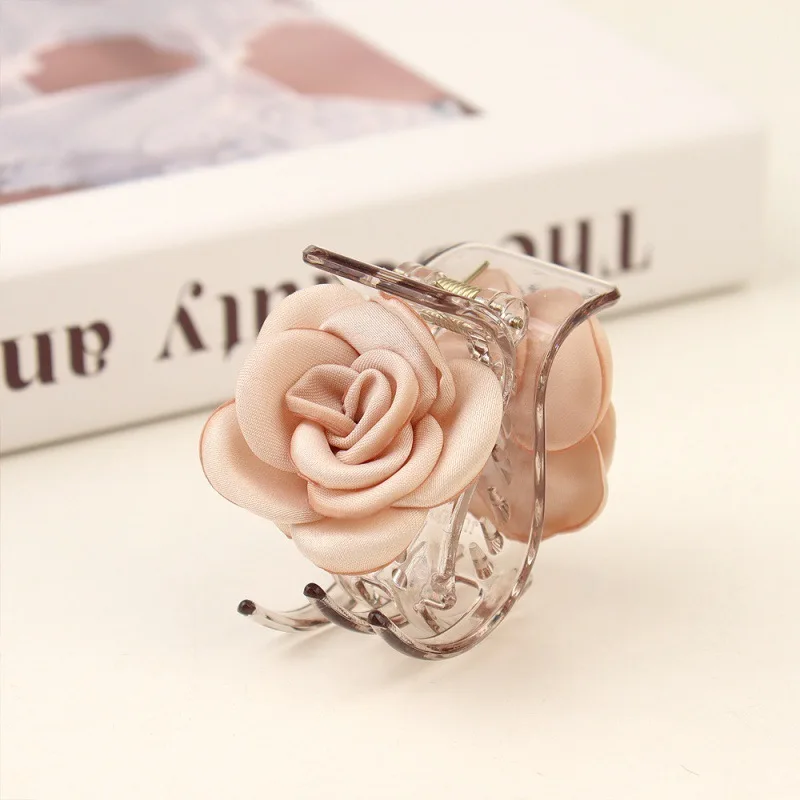 Romantic Satin Fabric Rose Flowers Hair Clip For Women Sweet Elegant Ponytail Holder Hair ClawHairpin Barrettes Hair Accessoreis