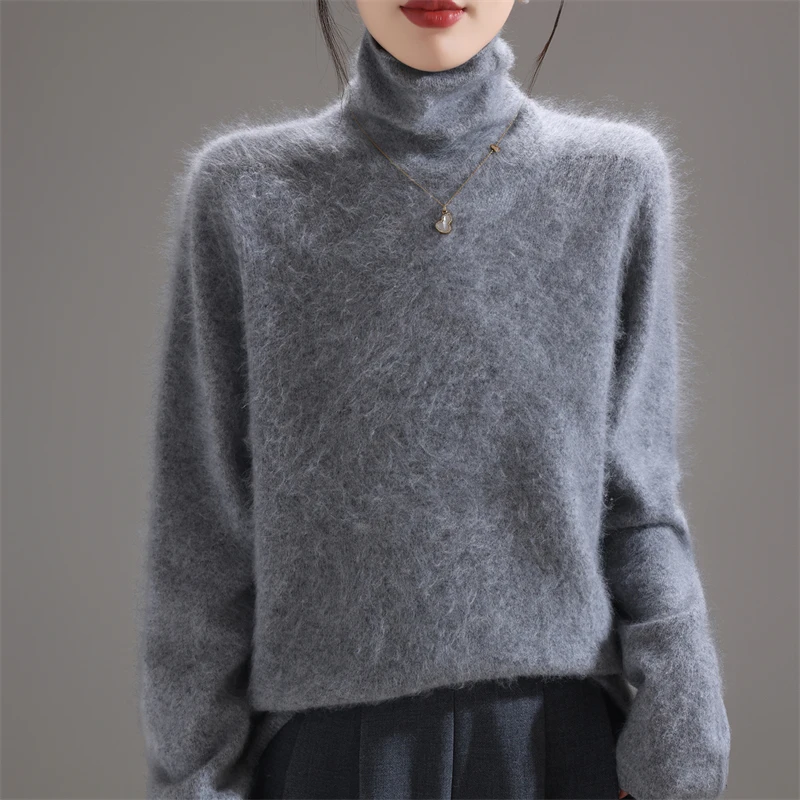 2025 جديد 100% ميرينو رداء علوي من الصوف المرأة كومة طوق نحى بلوفر مغزول بلون كبير الحجم بلايز الخريف الملابس الدافئة