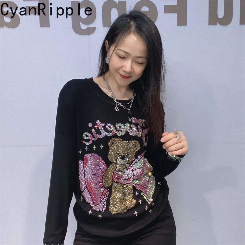 Age Reduction New Autumn Winter Women Long Sleeve T-shirt Fashionable Pink Bear Hot Diamonds Round Neck Slimming Pullover Top