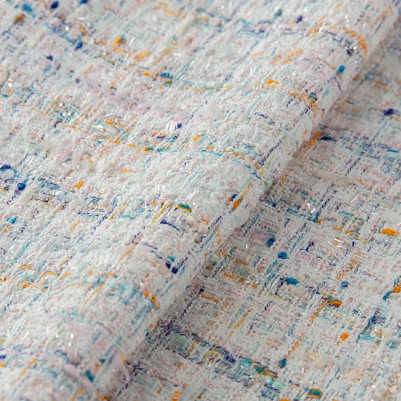 Tweed Fabric By The Meter for Coats Clothing Skirts Dresses Diy Sewing High-end Thin Winter Fashion White Blue Textile Polyester