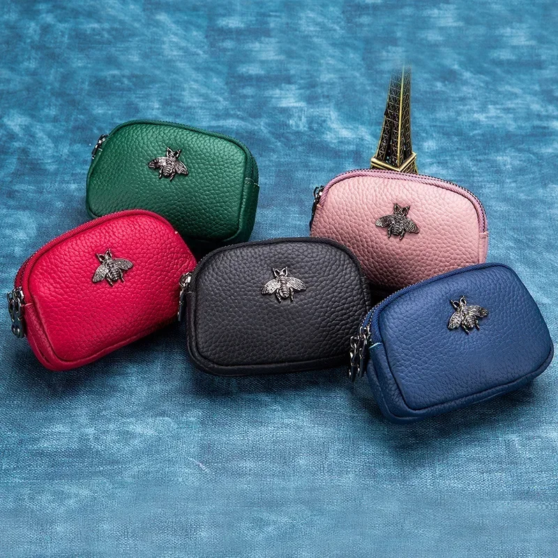 

Women Cowhide Double Zipper Portable Wallets Bag Bee Card Holder Lipstick Case Leather Mini Earphone Coin Purse For Female