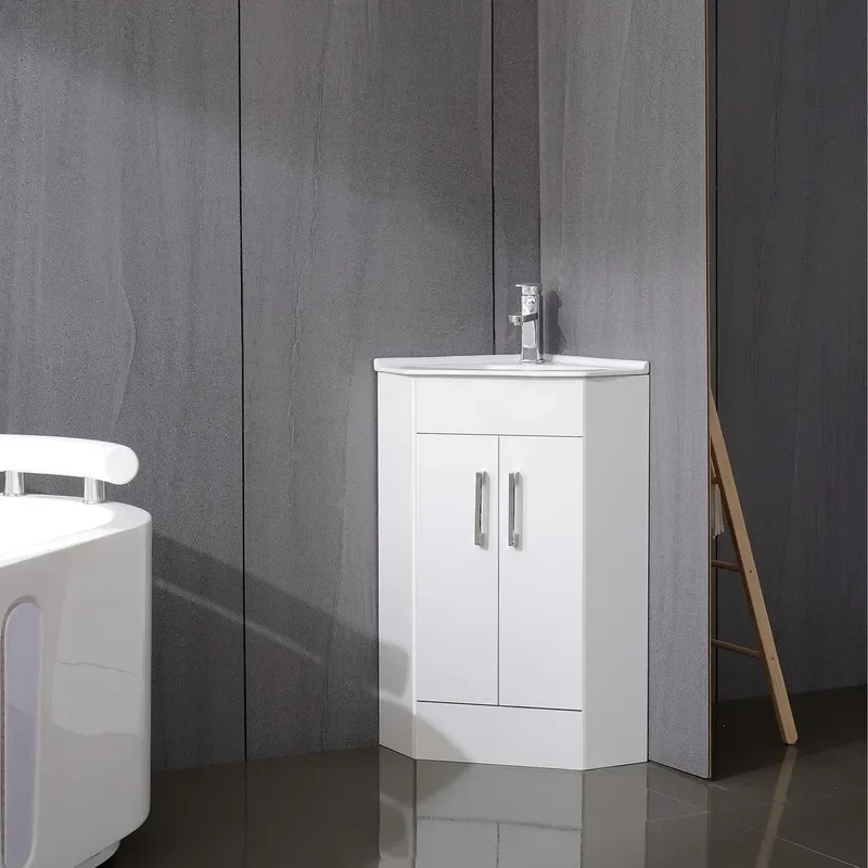 Modern Corner Bathroom Vanity Cabinet With Vertical Ceramic Basin Double Door Storage PVC Waterproof Furniture For Small