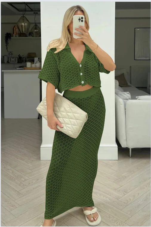 Sexy Knit Lapel Button Cardigan Skirt Suit Women Slim Short Sleeve tops Hip Package Skirts Suits Female Summer Beach Lady Sets