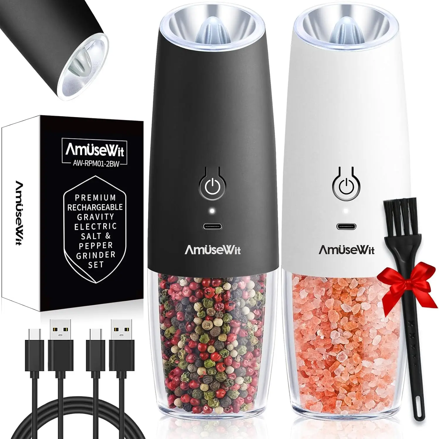 

USB Rechargeable Gravity Electric Salt & Pepper Grinder Set with Adjustable Coarseness, White LED Light