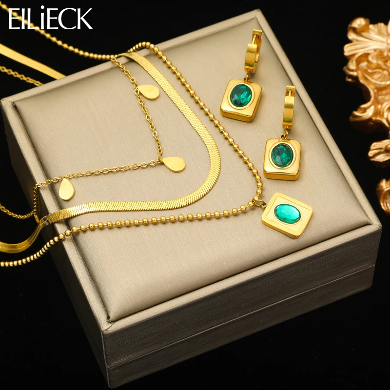 EILIECK 316L Stainless Steel Oval Green Zircon Pendant Necklace Earrings For Women Girl Trendy Luxury Jewelry Set Party Gift