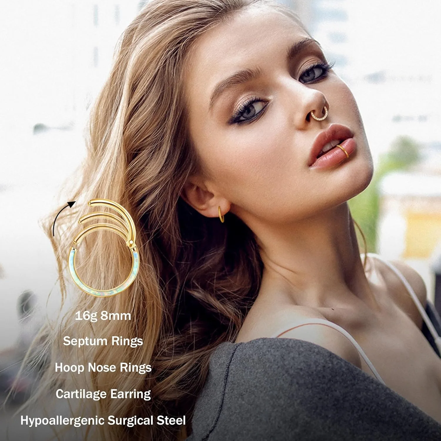 6 قطعة الجراحية الصلب الحاجز الأنف خواتم للنساء الرجال أوبال تشيكوسلوفاكيا الأنف الدائري متمحور الغضروف القرط محارة الشفاه اللولب ثقب المجوهرات