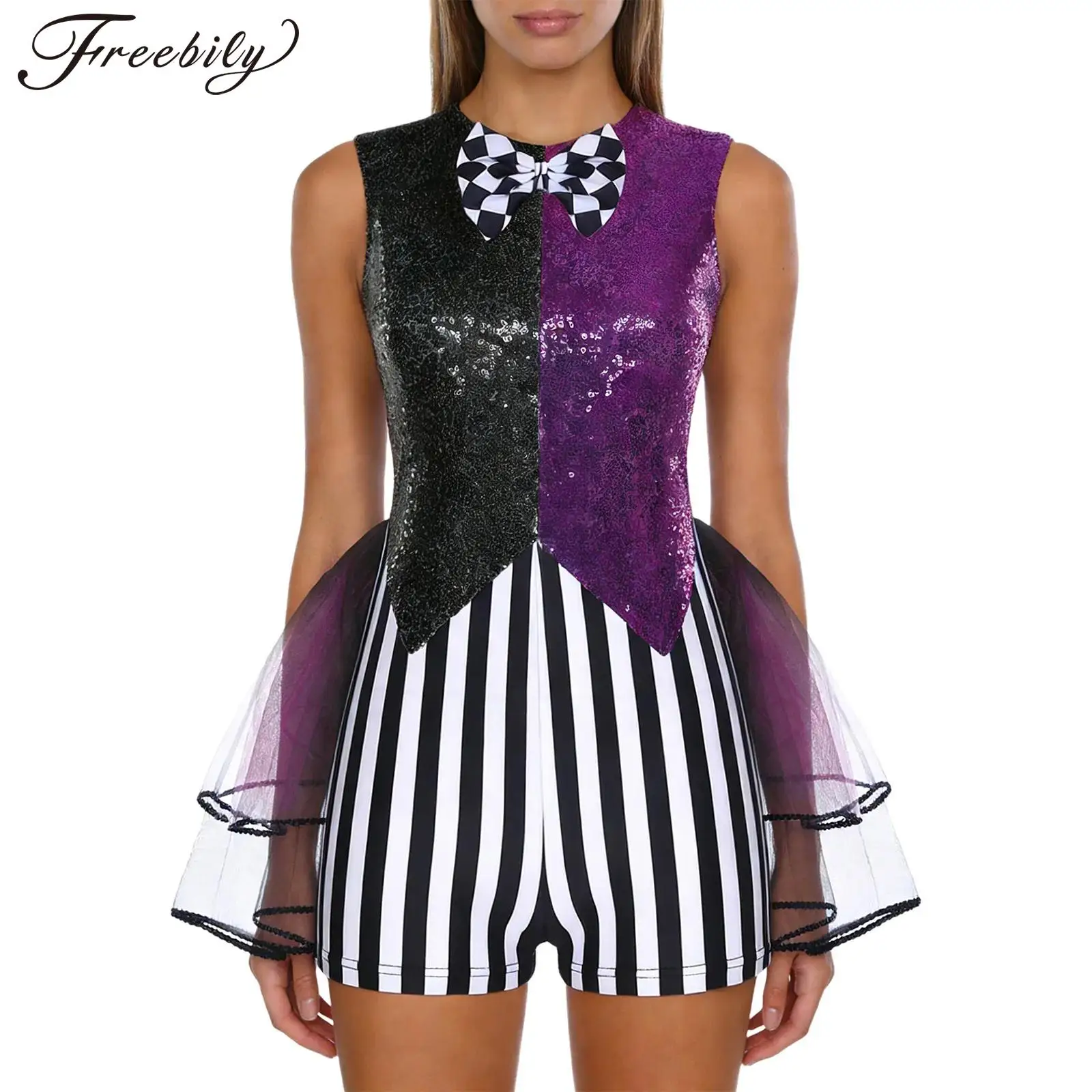 Costume de clown de cirque pour femmes, fête d'Halloween, carnaval, chapeau fou, cosplay, sans manches, paillettes, nœud papillon rayé, robe en tulle à étages