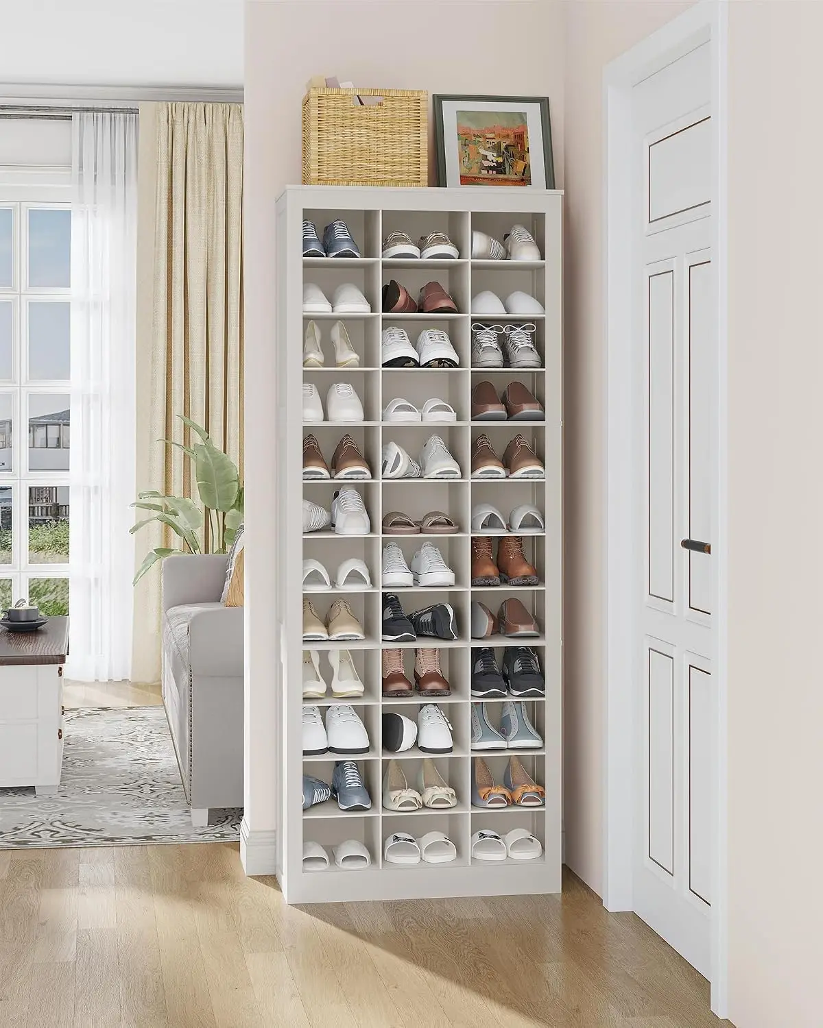 Shoe Storage Cabinet, 36 Pairs Free Standing Closet Organizer, 9 inch Widened Cell Wood Shoe Organizer, 12 Tiers, Customized