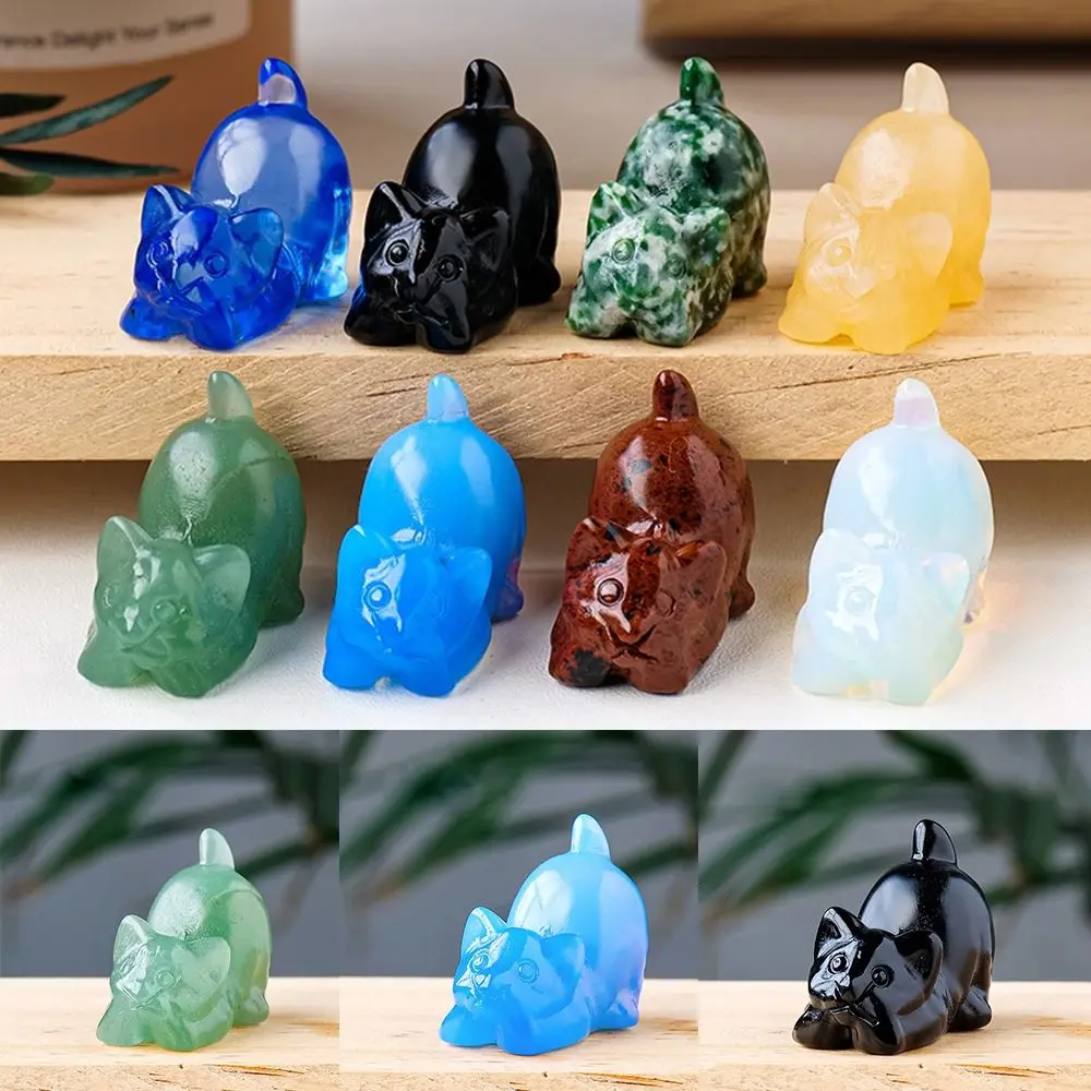 Lazy Sculpture Crystal Cat Statue Healing Stone Cute Cat Carved Room Decor Figurines Mini Handcrafted Desk Natural Decoration