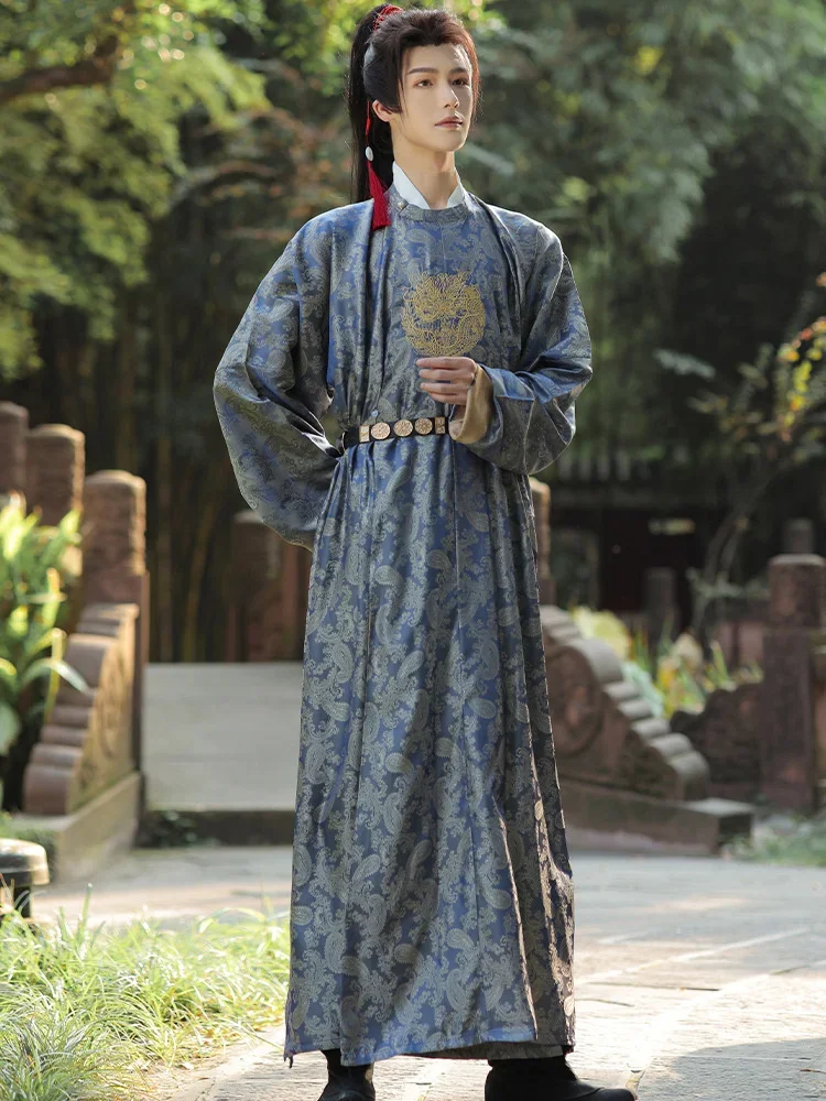 Traje de Hanfu chinês antigo para homens, saia superior e cinto, manto de samurai, hanfu, artes marciais, impressão do dragão, roupa de peixe voador