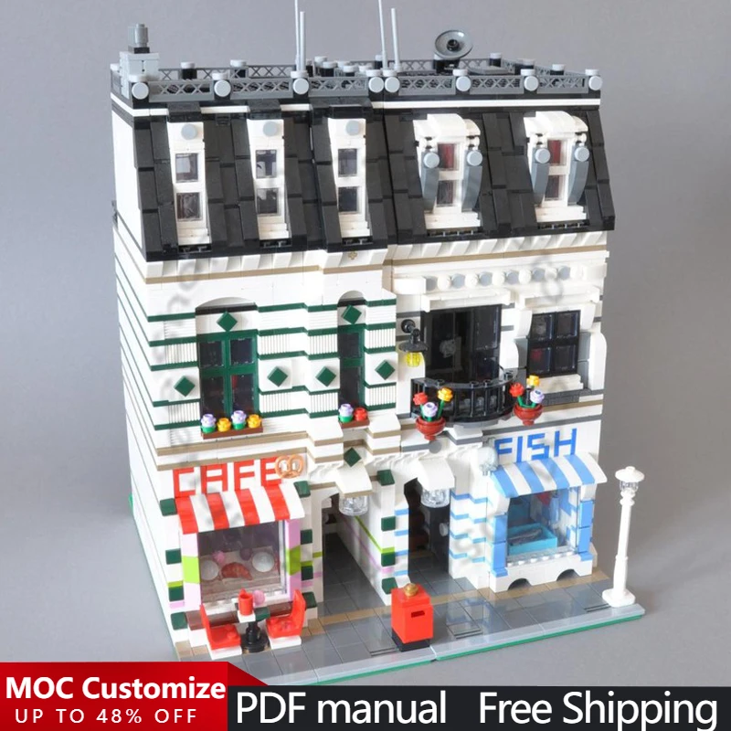 

Набор модульных строительных блоков 4004 детали: Пекарня и рыболовный магазин MOC. Креативный конструктор DIY для мальчиков. Подарок.