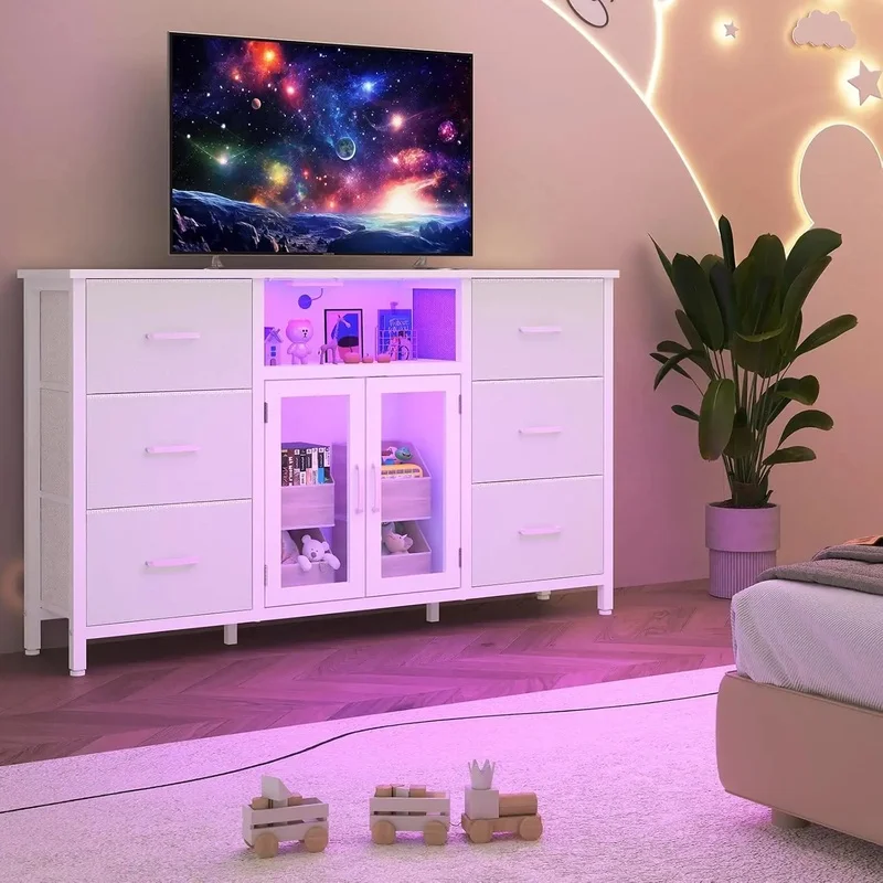 White Bedroom Dresser with Charging Station, 6 Drawer Design, TV Stand for 60