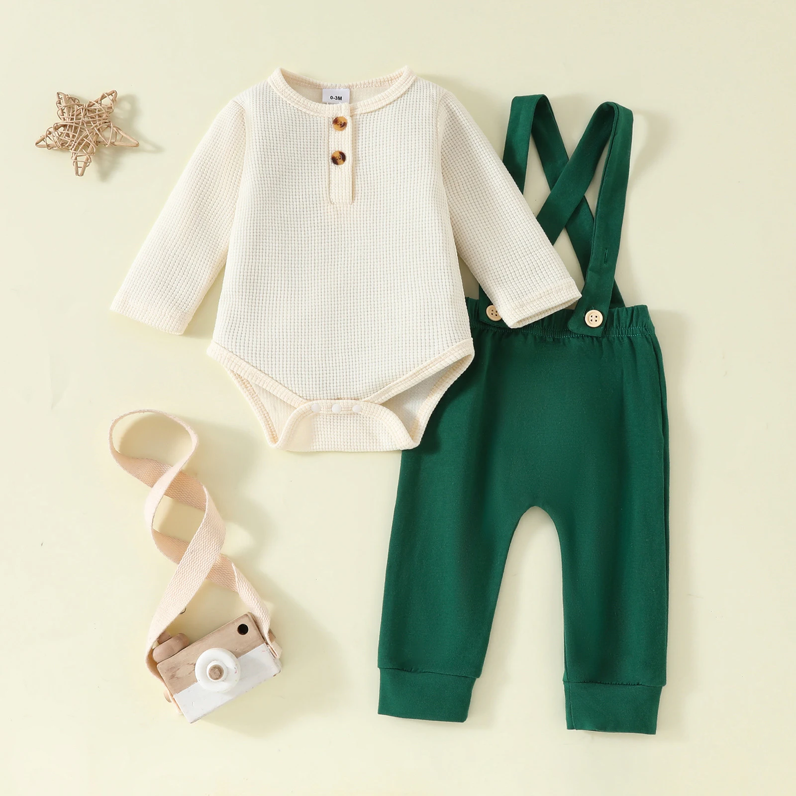 0-18M Boys Spring Autumn Casual Long Sleeve Knit Romper with Suspender Pants Set Daily Wear Homewear Streetwear Sleepwear