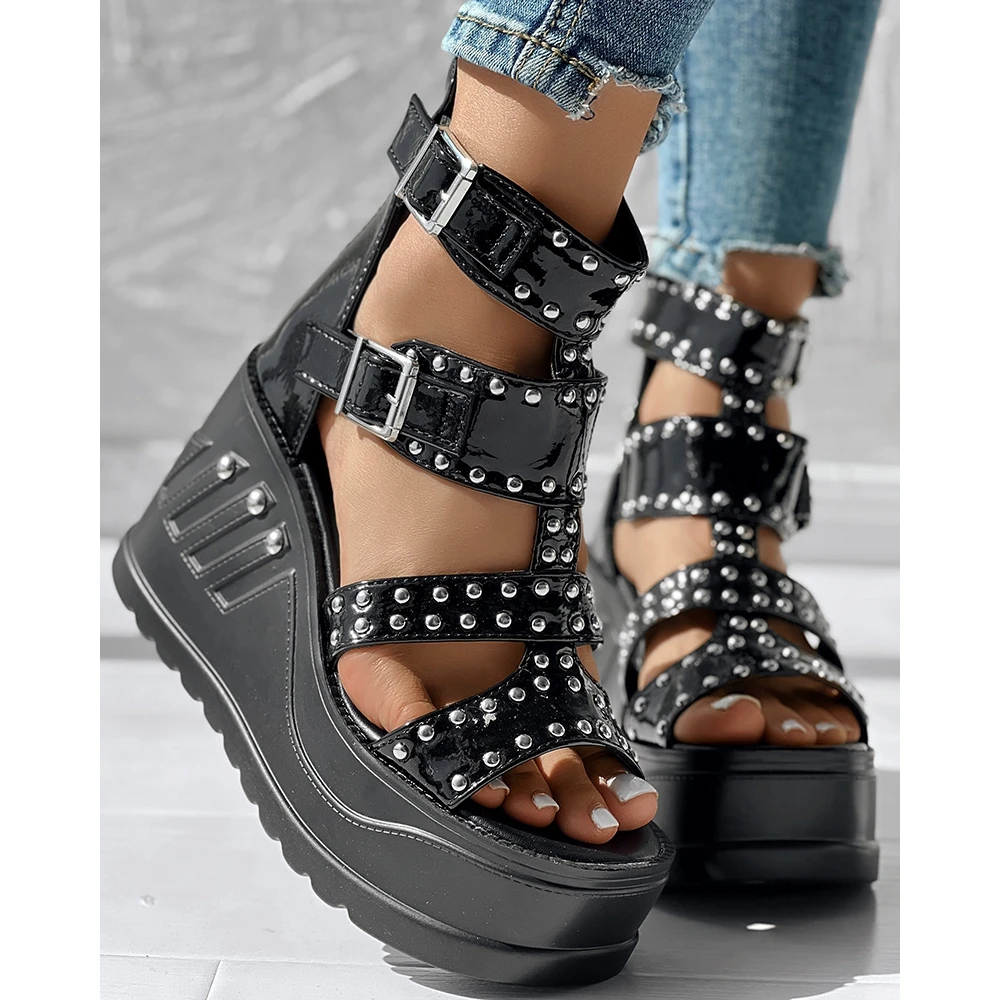 Fashion Women Peep Toe Wedge Black Sandals Lady Summer Casual Going Out Studded Design Sandals Ankle Buckle Shoes Party