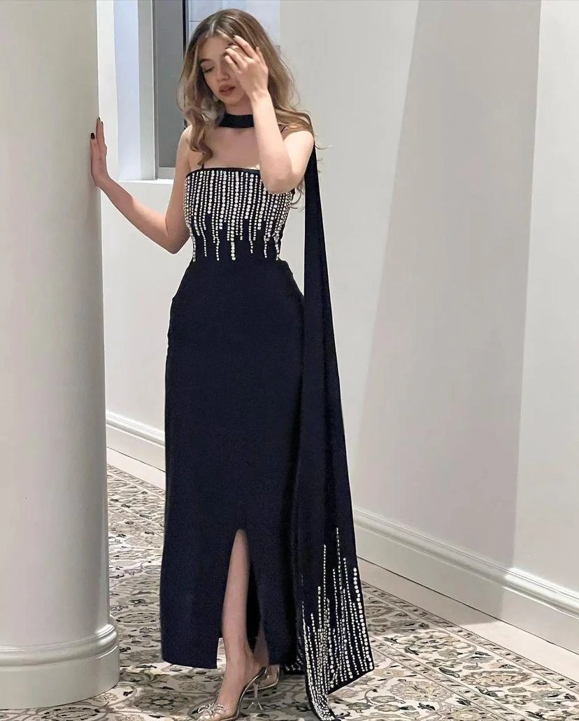 

Simple Party Gowns New Black Evening Dresses for Women 2024 Luxury Wedding Beaded Spaghetti Elegant Prom Dress Detachable Train