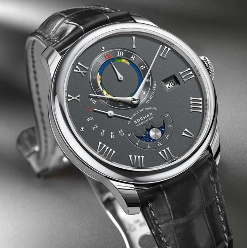 

Мужские автоматические часы BORMAN 40 мм, механические наручные часы, водонепроницаемые, с сапфировым стеклом, многофункциональный циферблат, отображение месяца, недели, даты, солнца и луны