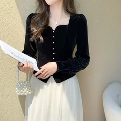 Black Velvet Blouses Women Tops Solid Autumn Winter Elegant Vintage Blusas Mujer Korean Fashion Short Shirts Clothing L109