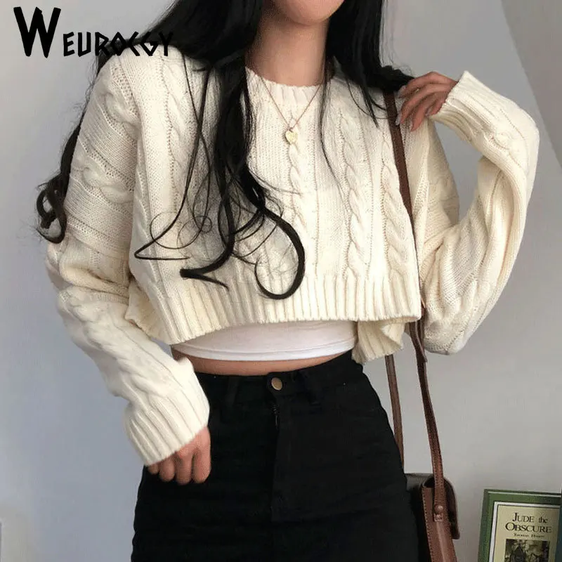 Women Cropped Knitted Sweater 2023 Autumn Winter Fashion Casual Loose Solid Color Round Neck Long Sleeve Pullovers Casual Tops