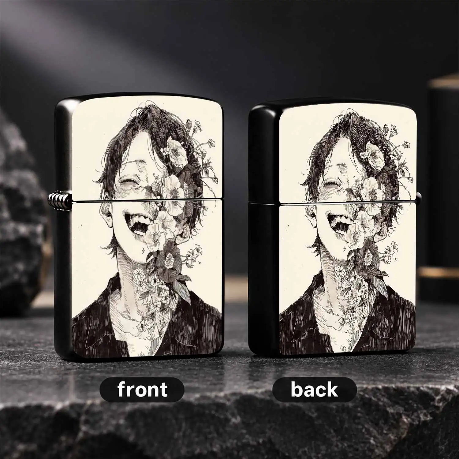 Artistic Line Drawing Smiling Youth With Floral Pattern Pocket Lighter, Aesthetic Manga Style Creative Portable Ignition Device, Ideal For Daily Use Outdoor Gathering Gifting, Unique Stylish Practical Souvenir For Art Lovers Friends Family