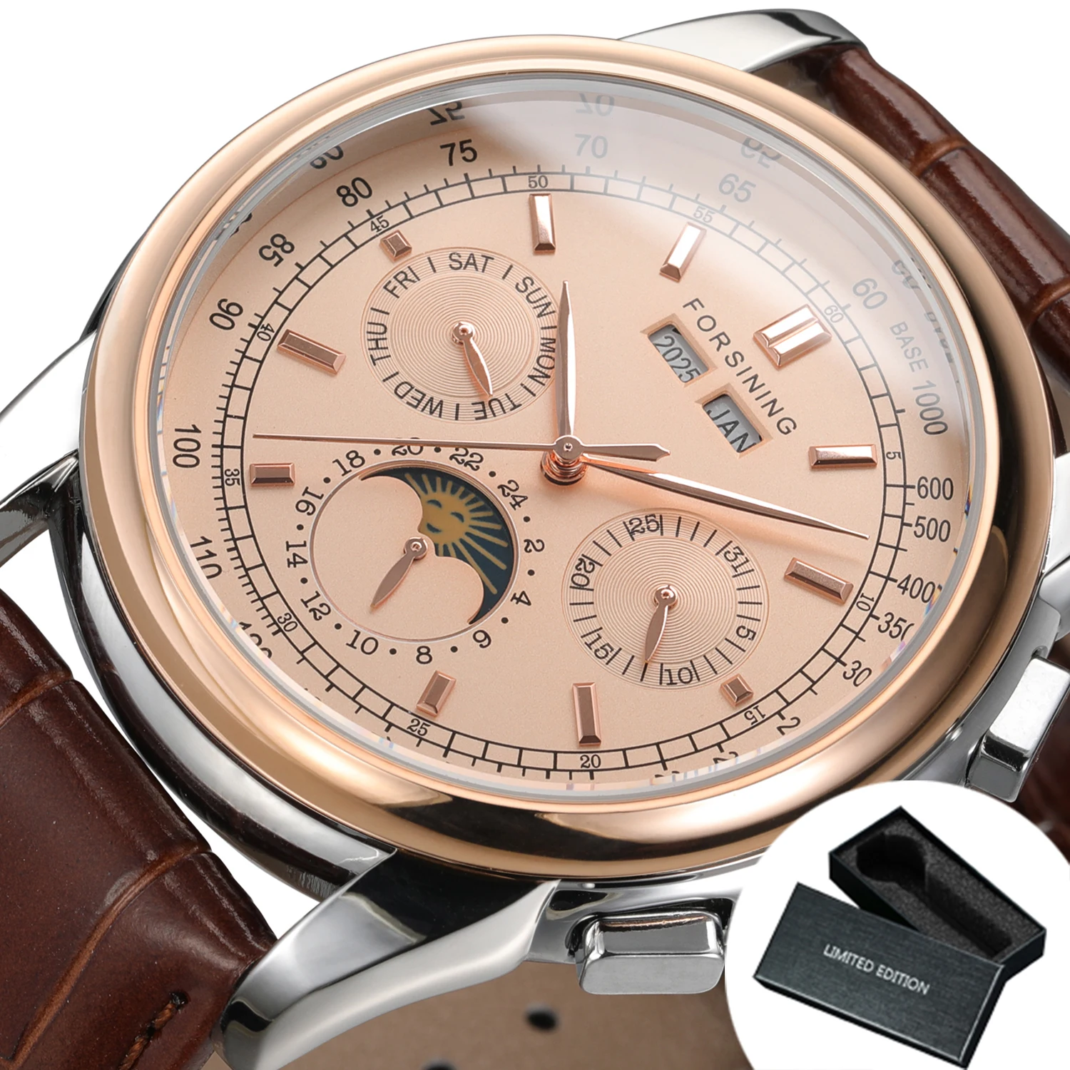 Forsining Retro Mechancial Uhren Mondphase Shanghai Uhrwerk Roségoldgehäuse Braunes Lederarmband Luxuriöse automatische Herrenuhr