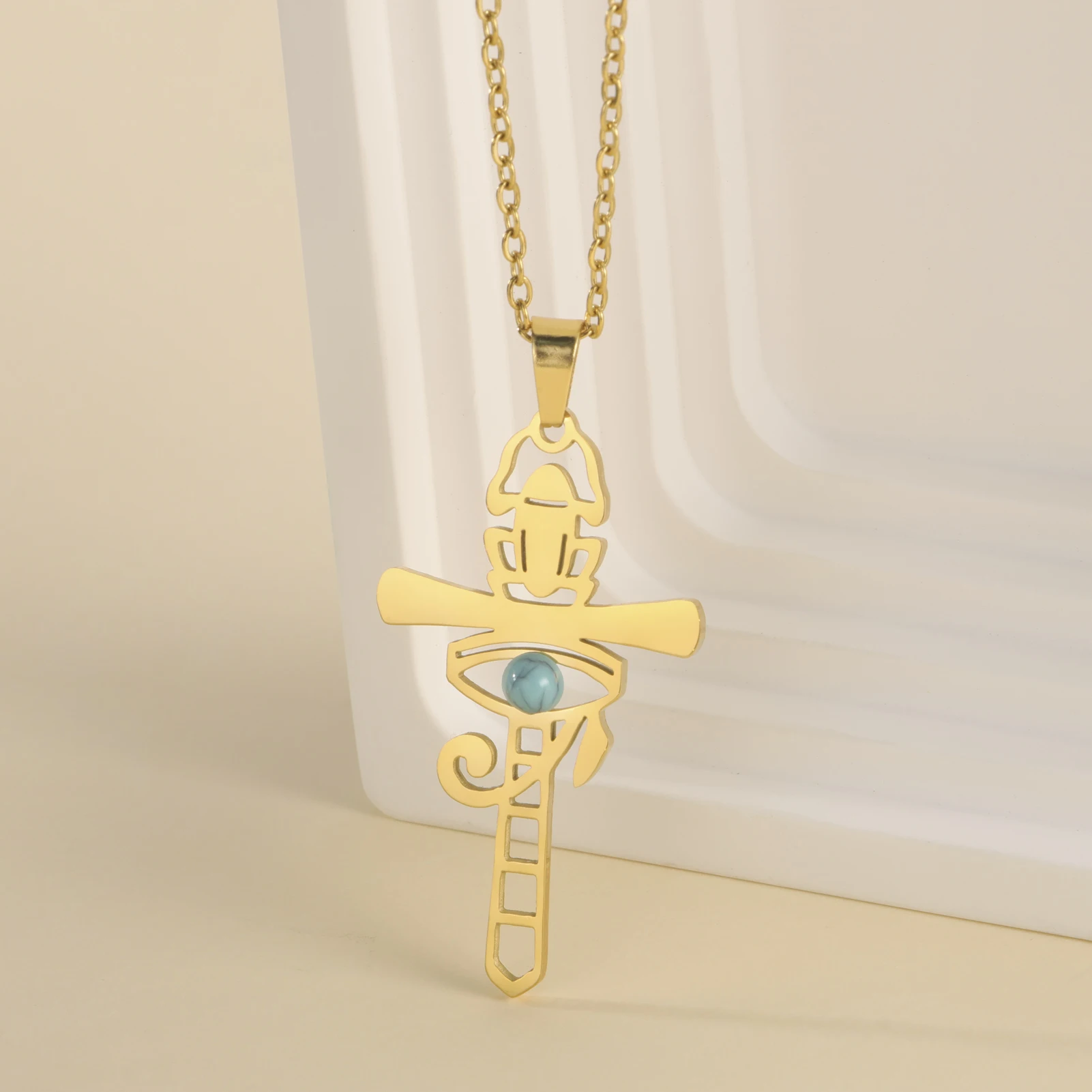 

Ankh Eye of Horus Cross with Turquoise Stone Pendant Necklace Faith Religious Gift for Women Gold Color Jewelry for Women Gifts