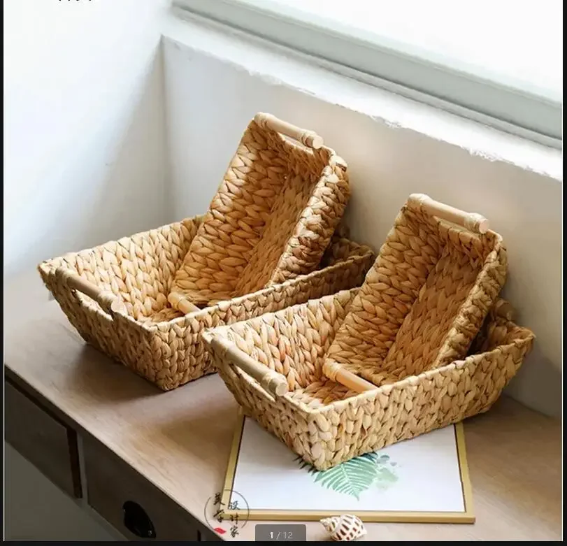 

Hand-woven Storage Basket Rattan Storage Box Rectangular Storage Tray Desktop Grocery Organizer Fruit Basket Snack Bread Baskets