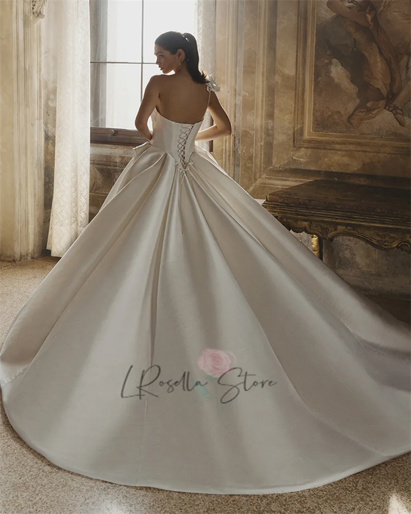 LRosella High Quality Italy Satin Handmade Flowers Pleat Sweetheart Neckline Court Train Custome Wedding Dress Lace-up