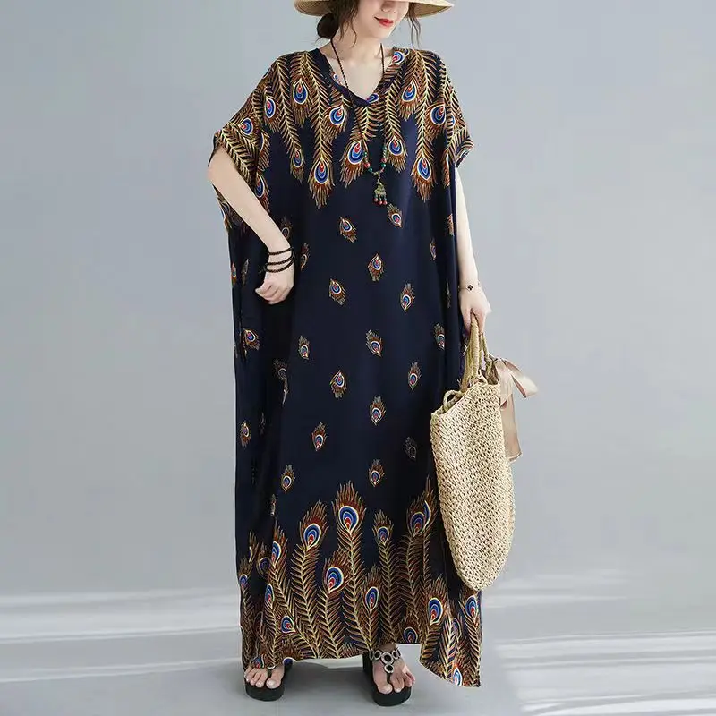 Batwing Sleeve Straight V-Neck Floral Printed Long Dress  Women Elegant Retro Ethnic Robe National Vintage Loose Holiday Dress