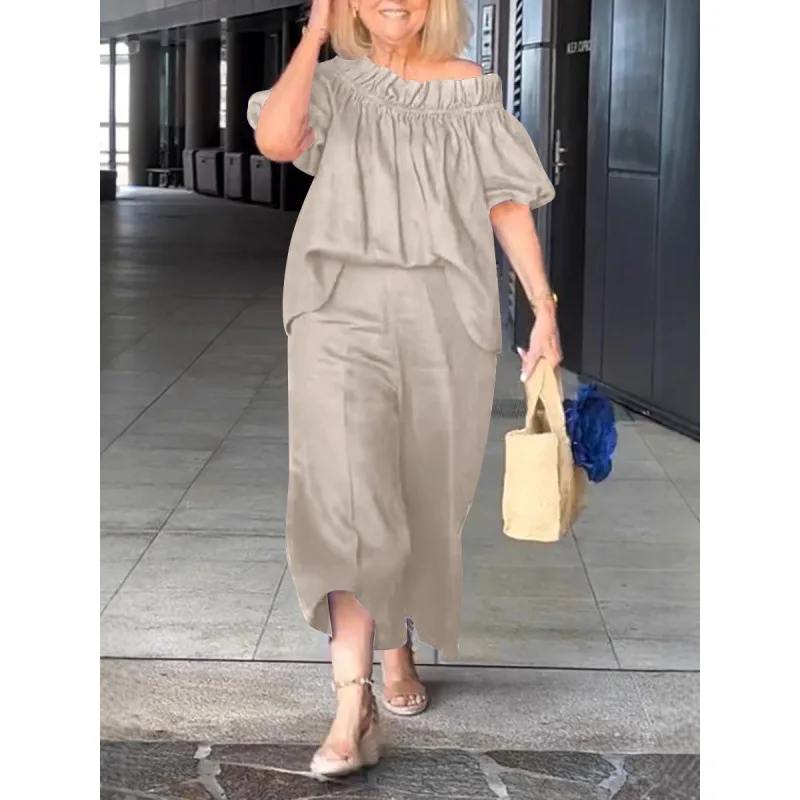 2025 カジュアルワンショルダートップ & ロングパンツスーツ女性エレガント半袖固体ルーズ 2pc セットファッション通勤衣装