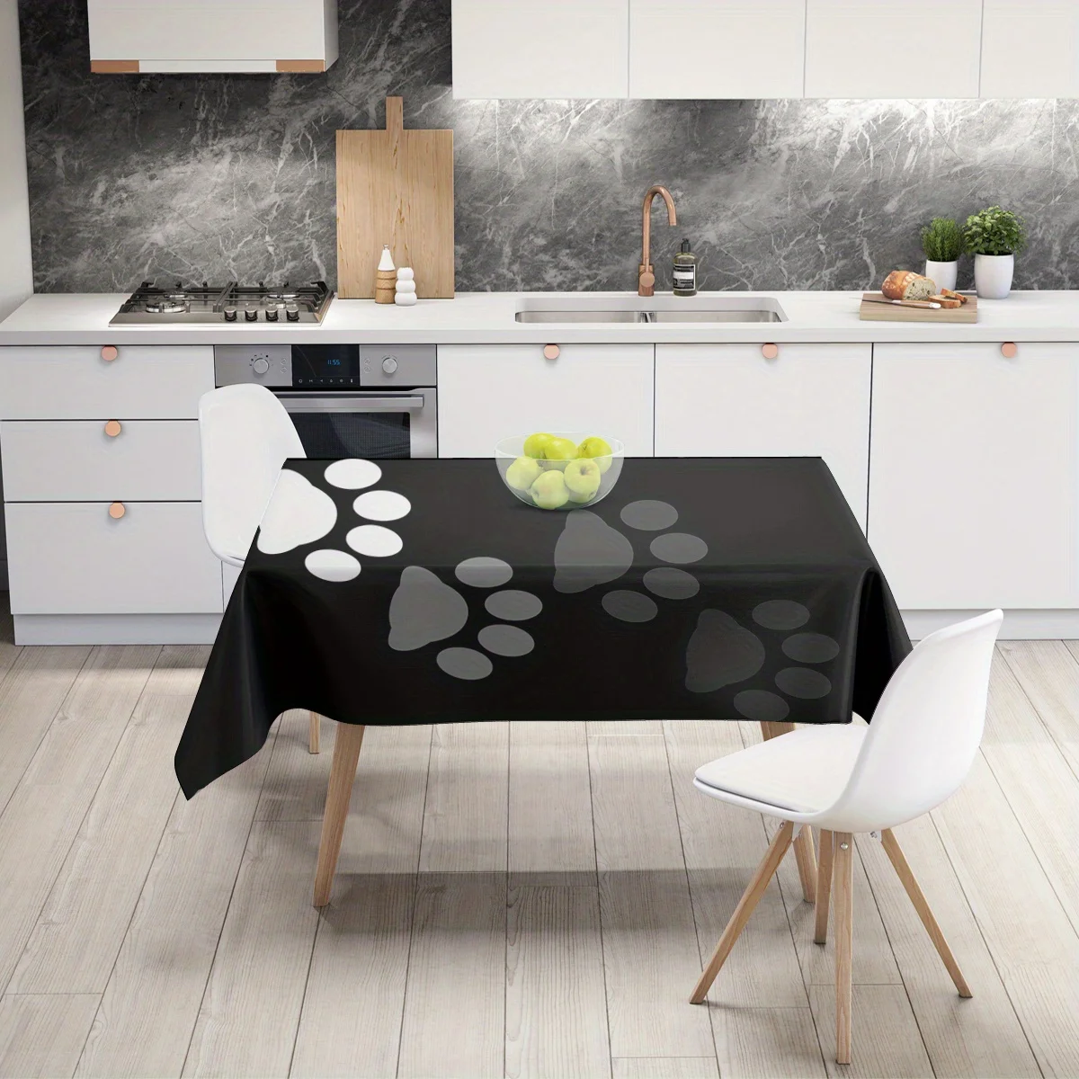One piece, minimalist style puppy paw print tablecloth, elegant, fashionable, trendy, bright, and adorable
