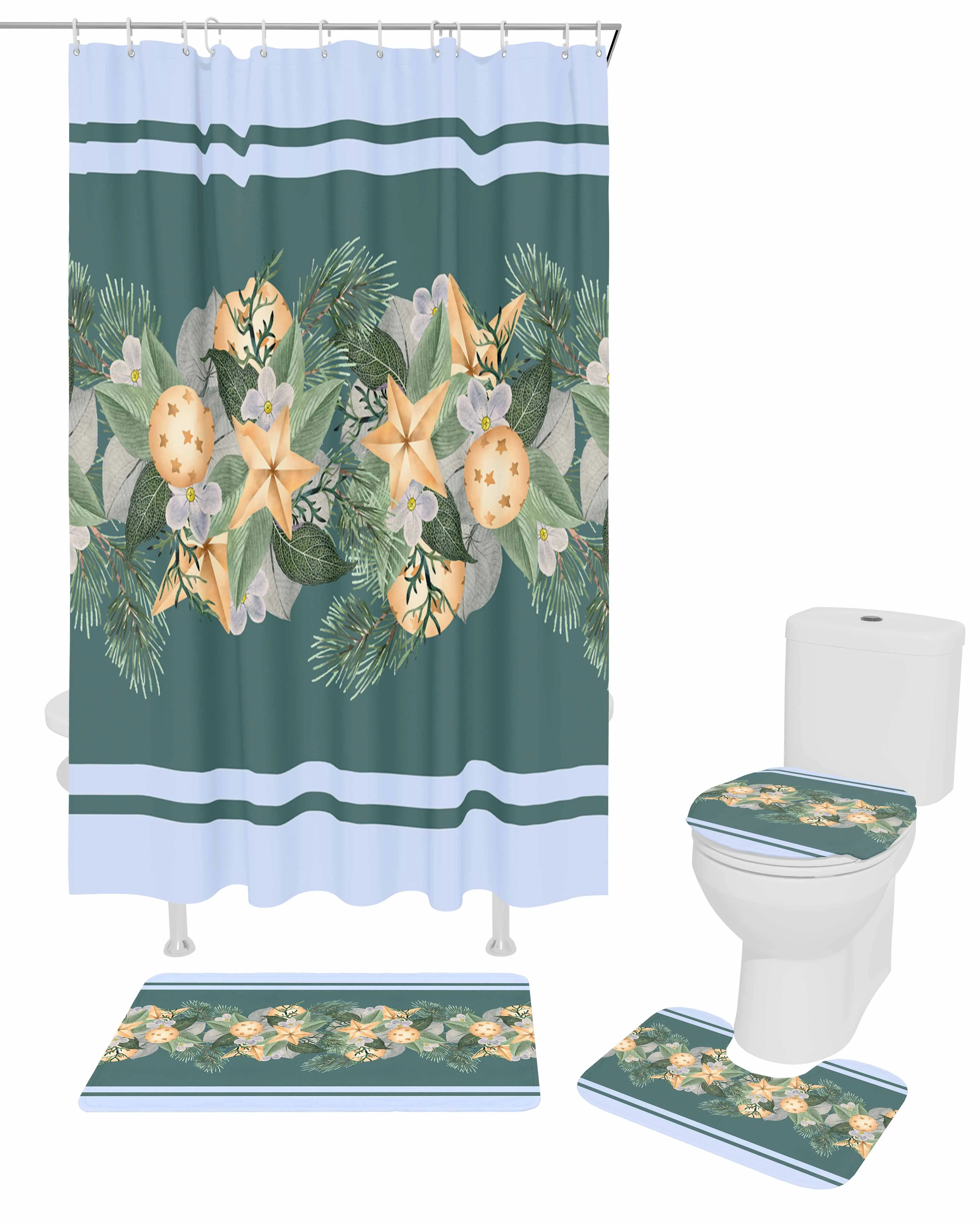 Plant Pine Needle Polyester printed shower curtain bathroom set,luxurious curtainsabstract 4-piece setcoral fleece floor mat