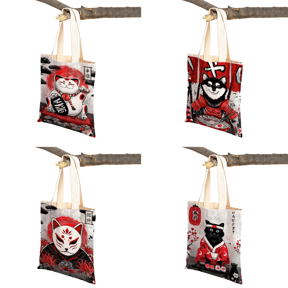 Japanese Black Cat Moon Cherry Blossom Samurai Women Shopping Bags Double Print Casual Linen Eco Handbag Shopper Bag Lady Tote