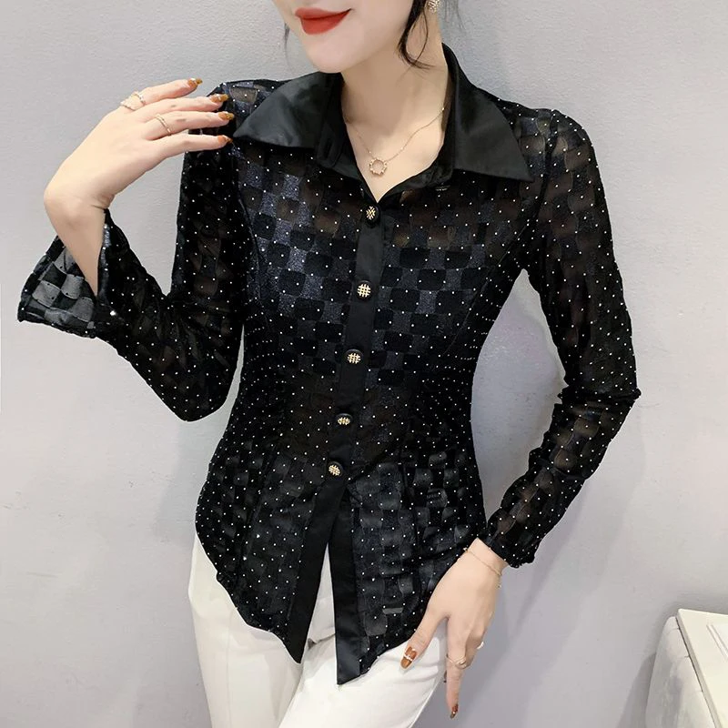 Spring Autumn Polo-neck Diamonds Mesh Patchwork Buttons Shirt Female Long Sleeve Elegant Fashion All-match Blouse Women\'s Top