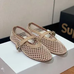 Summer Mesh Women's Ballet Mary Jane Shoes Fashionable Buckle Walking Shoes Round Toe Flats Sandals Ladies Loafers Shoes 2024