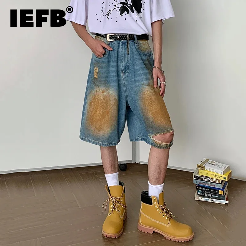 

IEFB Niche Style Men's Denim Shorts Hole Worn-out Contrast Color Bottom Straight Wide Leg Male Trousers Streetwear Chic 9C6803