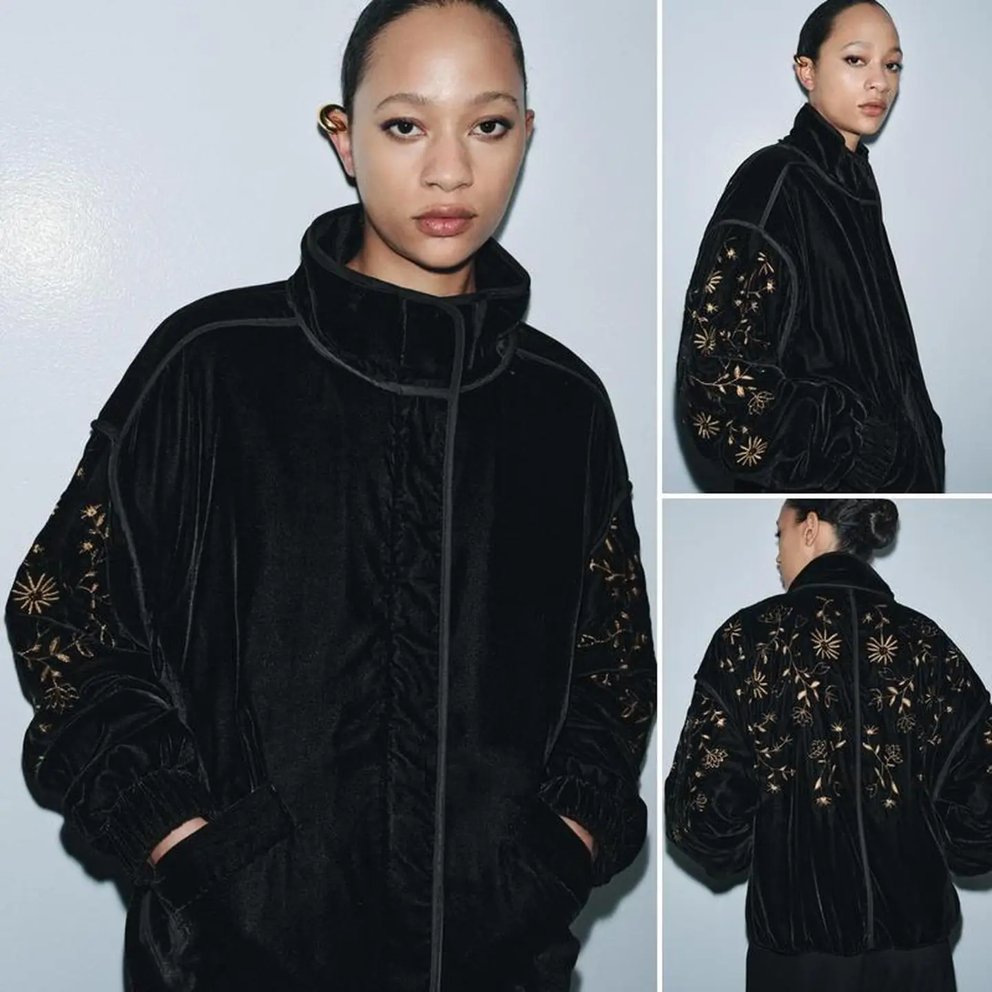 

Street Sle Loose Fit Cotton Jaet with Embroidery Details Color Blo Flower Patchwork Autumn Winter Outerwear Coat