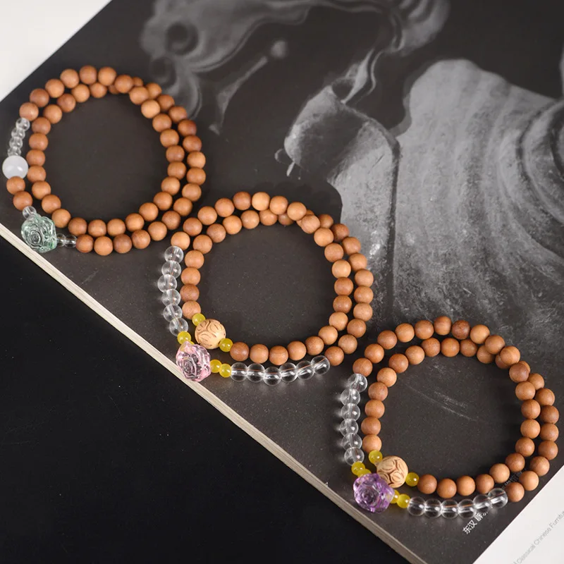 Laoshan Sandalwood 6mm Double Loop Bracelet DIY Style Crystal Beaded Prayer Bead Collectible Jewelry