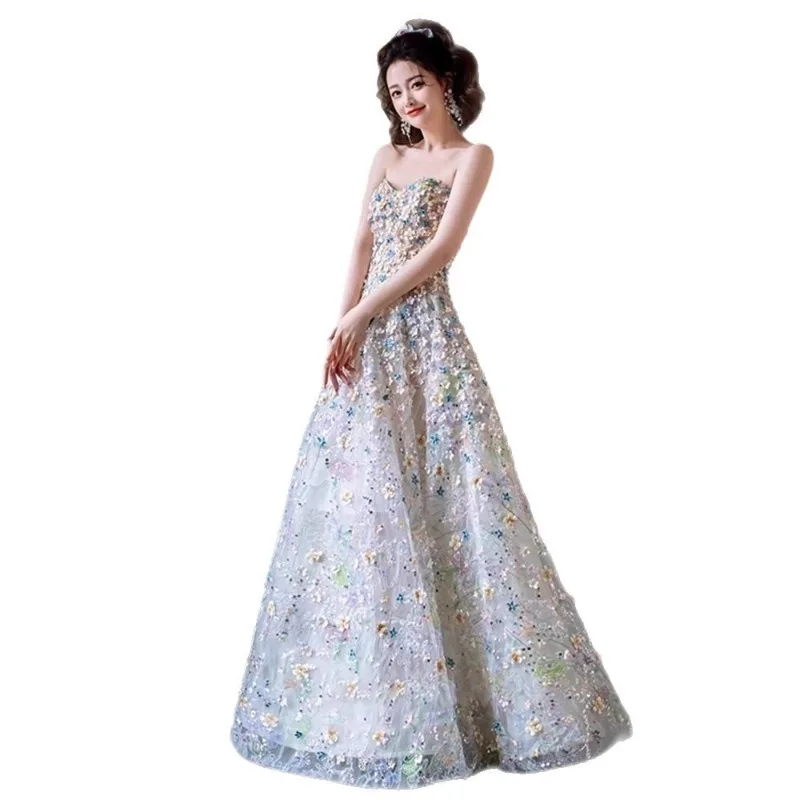 Verão feminino novo high end floral vestido de noite moda emagrecimento banquete anfitrião sen série cerimônia adulta vestido de exame de arte vocal