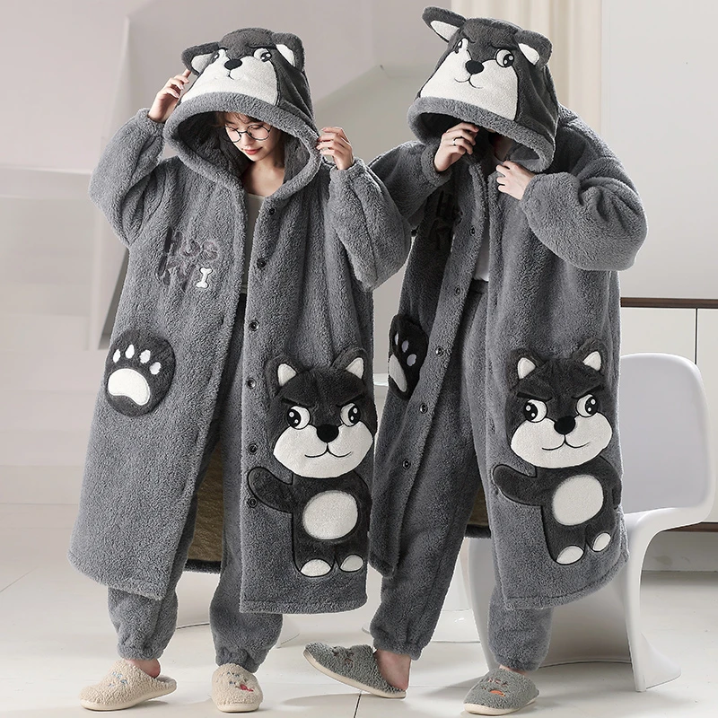 Winter Kigurumis Dog Pajamas Robes Women Men Thick Warm Nightgown Coral Fleece Long robe Kawaii Hooded Nightdress Adult Pijama