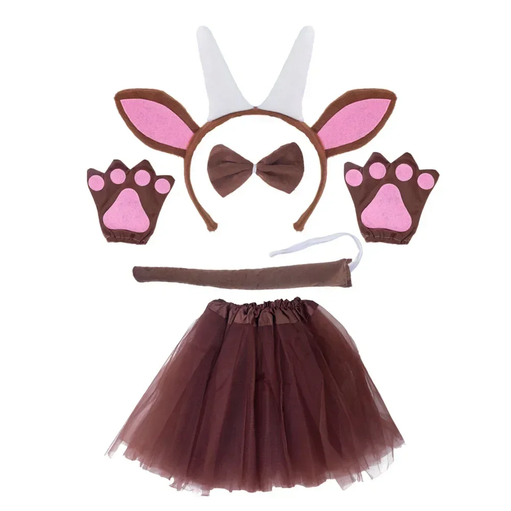 Girls Kids Goat Horn Animals Theme Costume Tulle Skirt with Ears Headband Bow Tie Tail for Halloween Dress Up Cosplay Christmas