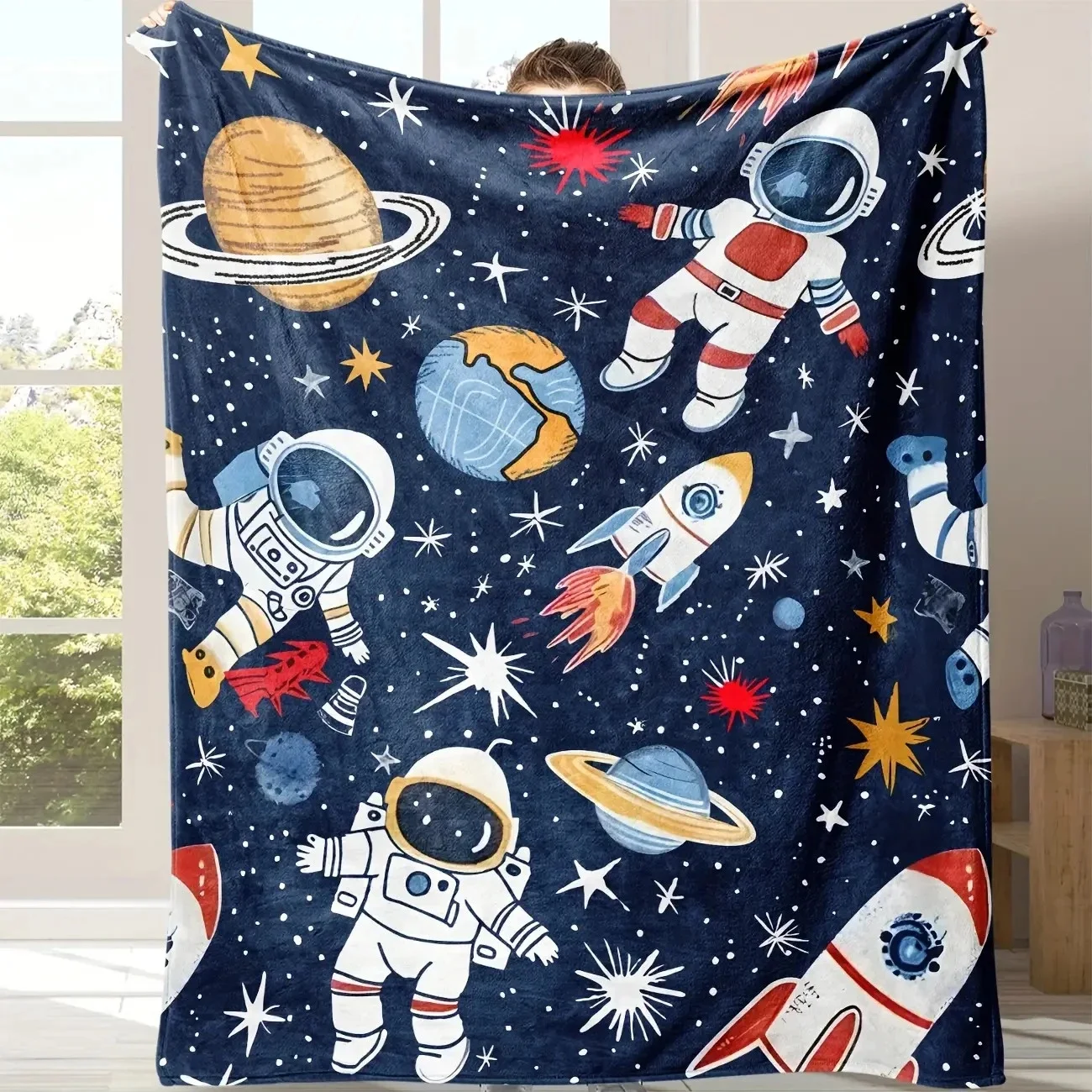 Space themed flannel blanket, astronaut space multi-element print, autumn and winter warm home blanket