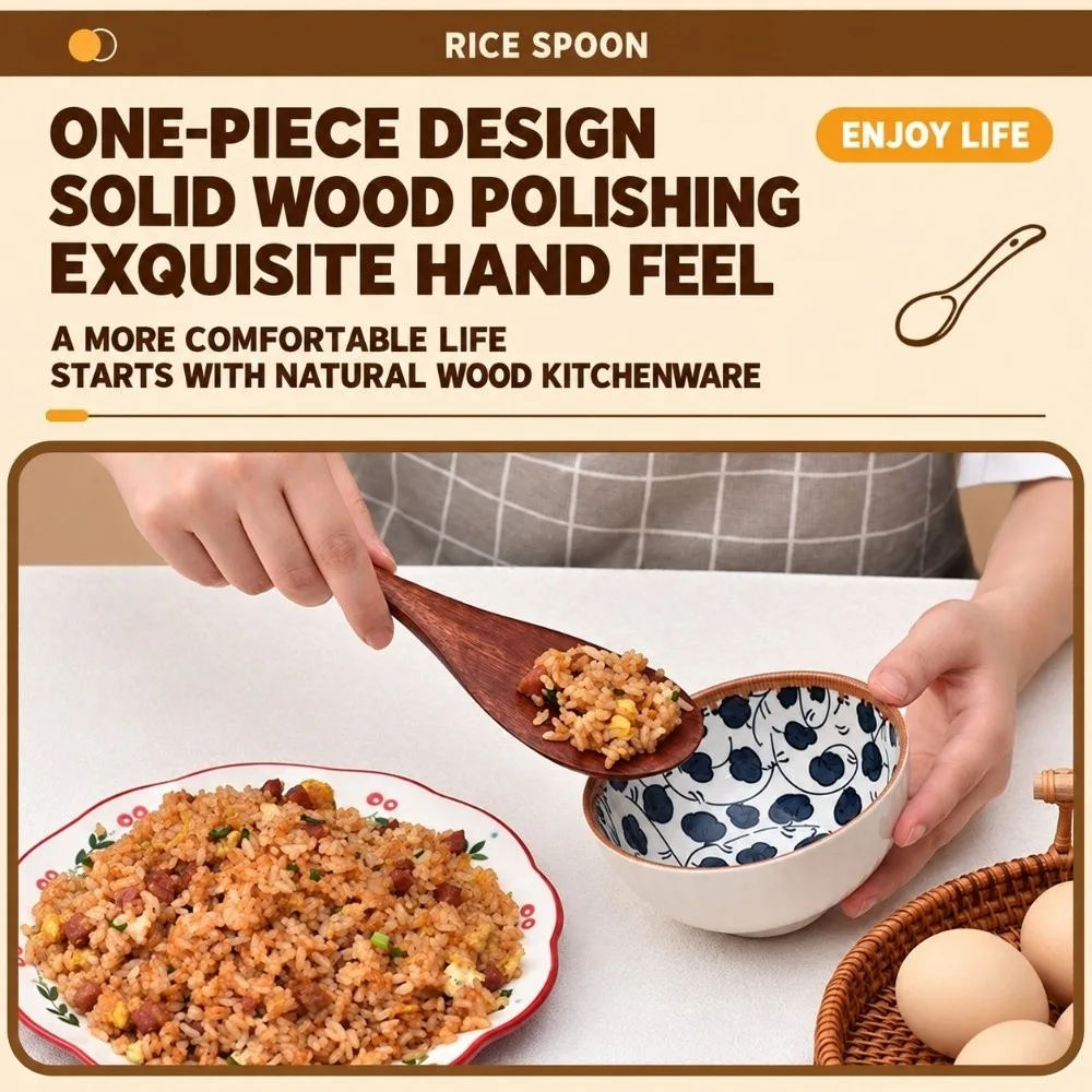 Standable Wooden Rice Paddle Smooth Surface Ergonomic Handle Kitchen Serving Scoop Solid Wood Handheld Rice Serving Spoon
