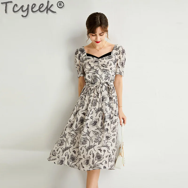 

Tcyeek 100% Mulberry Silk Dress for Women 2024 Summer Midi Dress High-end Print Dresses Chic and Elegant Woman Dress Vestidos