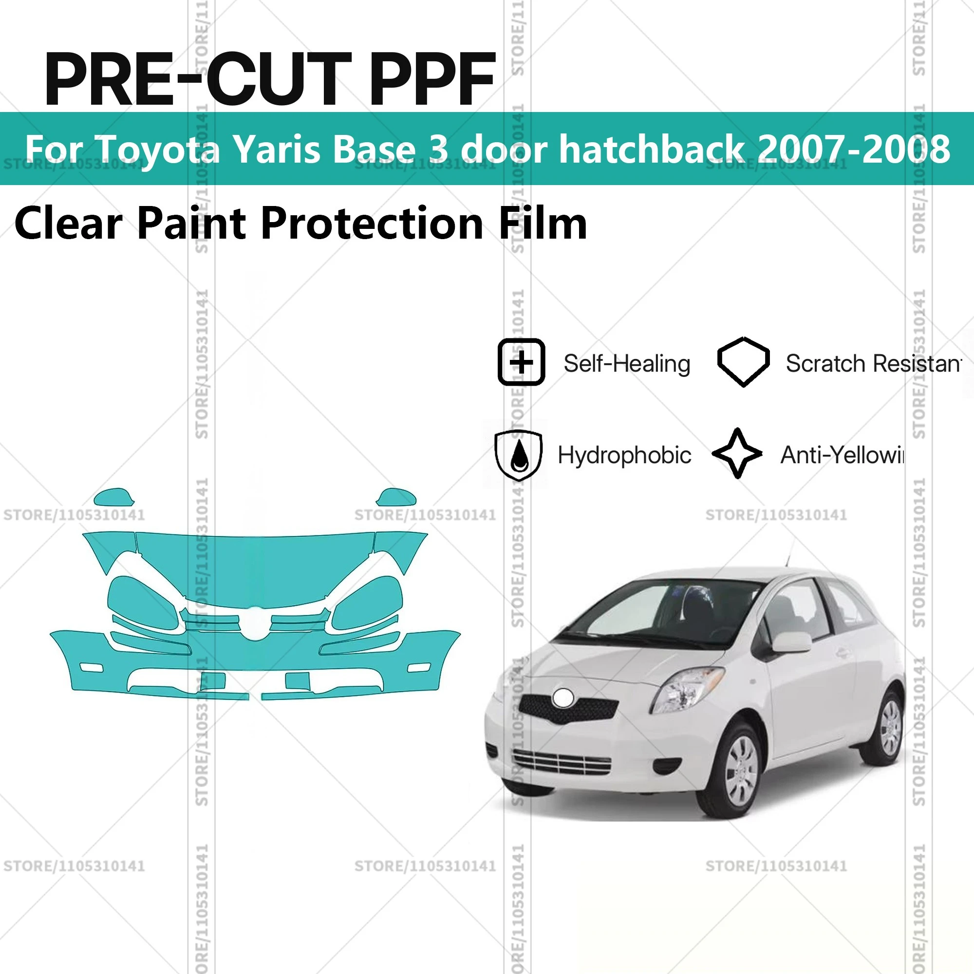 

Предварительно нарезанная защитная пленка PPF, прозрачная автомобильная пленка для Toyota Yaris Base 3-дверный хэтчбек 2007-2008, передний комплект