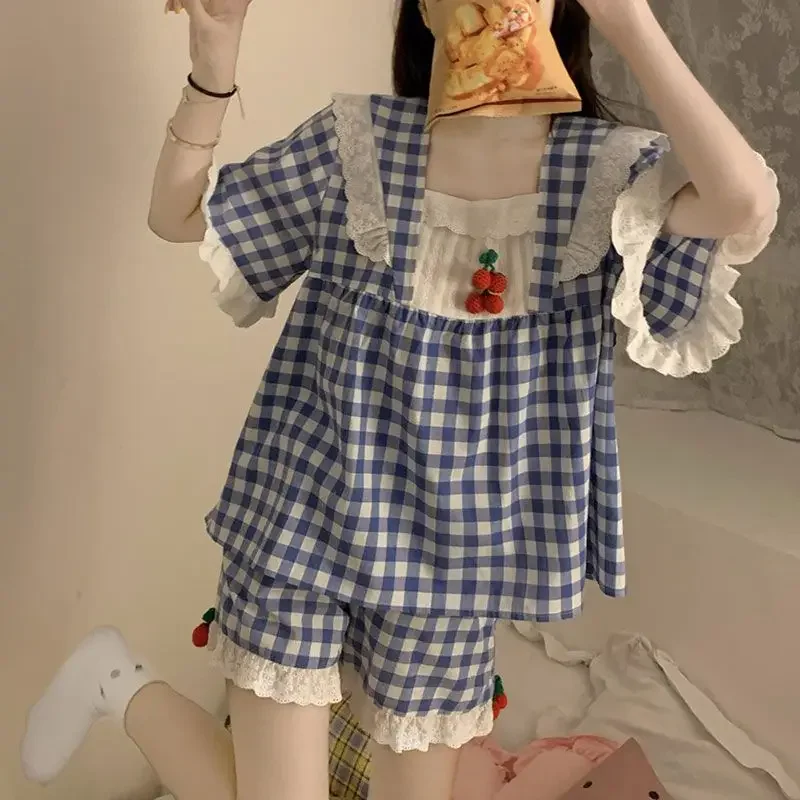 

Plaid Pajama Sets Women Sweet Prairie Chic Summer New Ins Square Collar Sleepwear Korean Style Students Casual Fashion Princesss