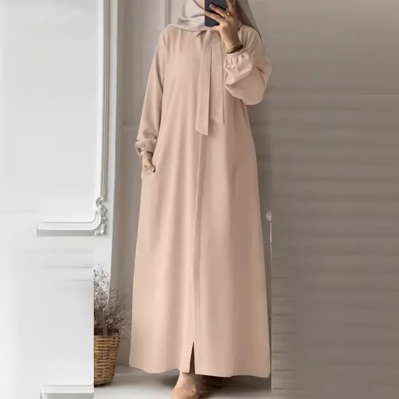 Cravate à la mode pour femmes musulmanes, revers, chemise à manches de couleur unie, jupe de soleil, poche, Cardigan ample, jupe longue