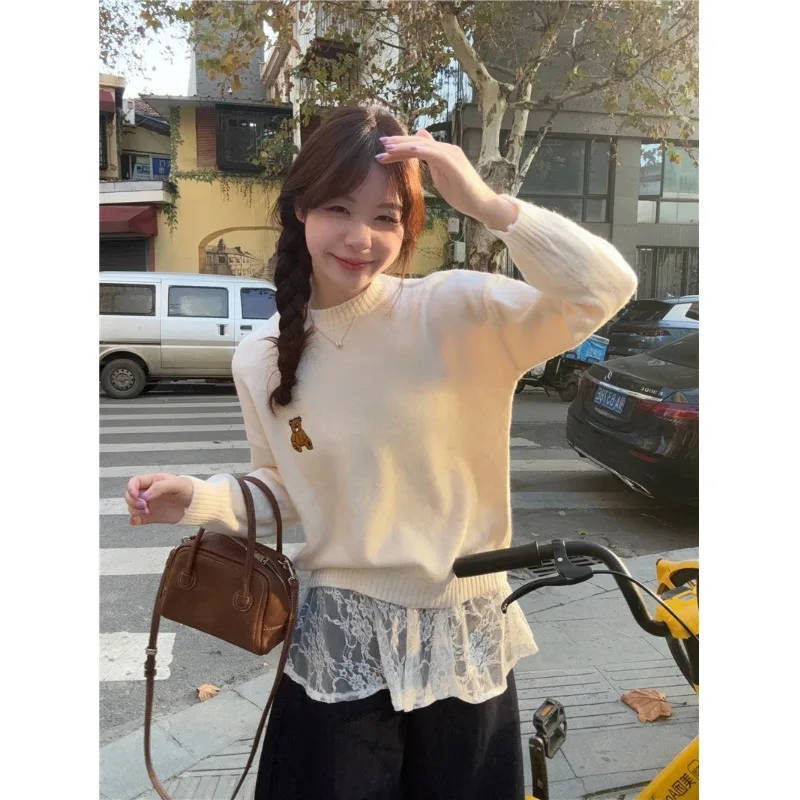 Korean Sle Long Sve Embroidered Bear Knitwear Women's Loose Fit Overhead Winter Sweater Slimming Versatile Casual Top
