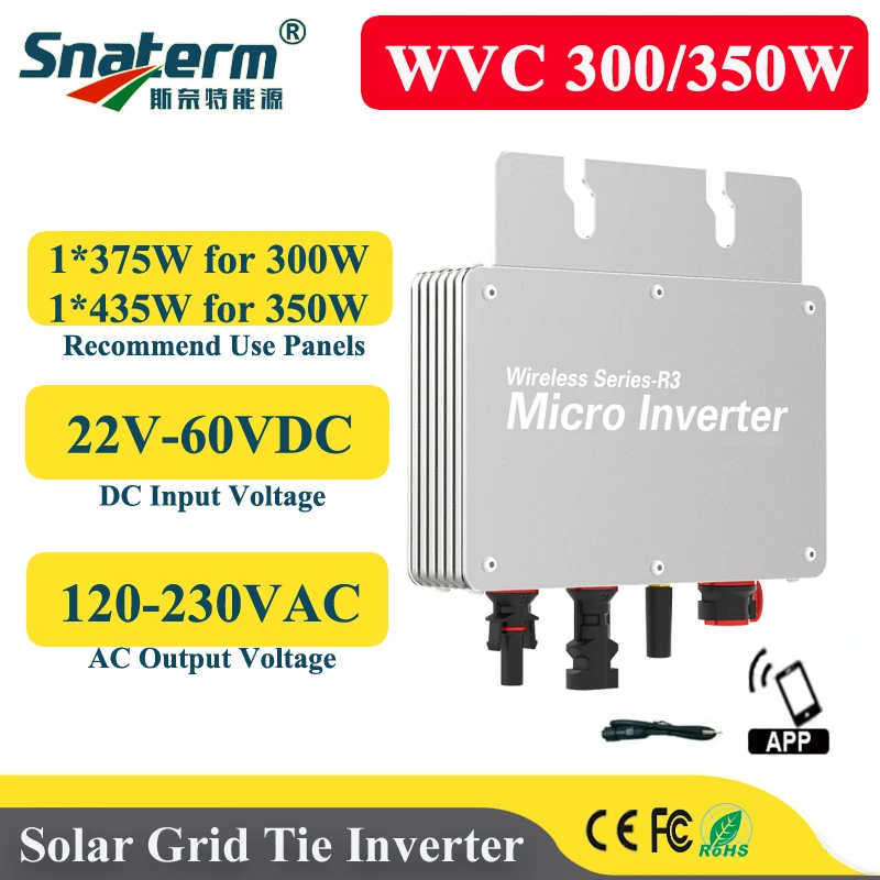 300W 350W MPPT Solar PV Grid Tie Micro Inverter WVC series Input 22V-60VDC Output 110V-240VAC Home Solar On Grid System